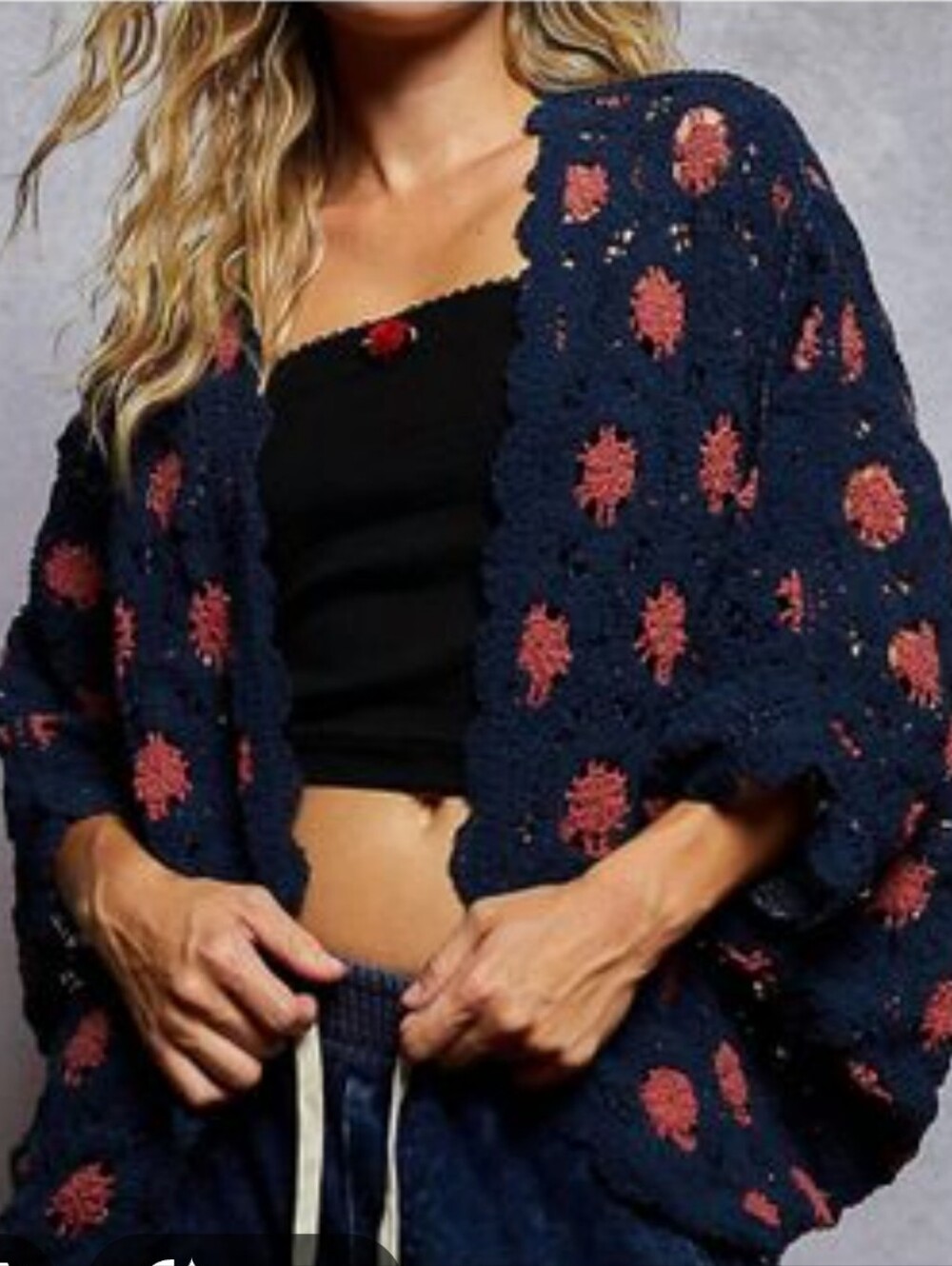 Pol blue pink open knit crochet grandmacore open front cardigan one size
